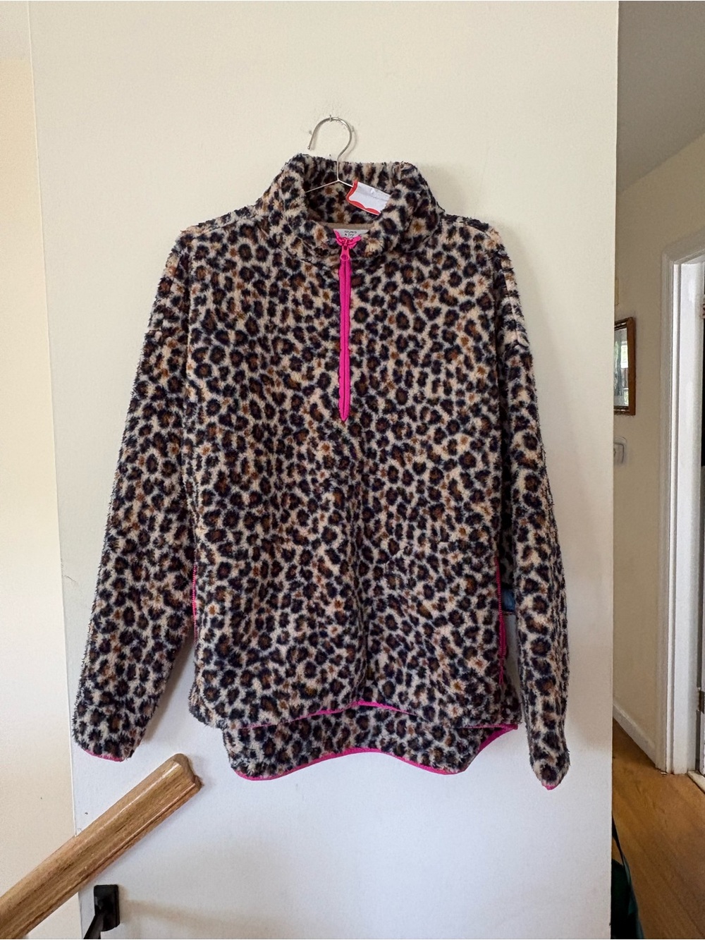 crown & ivy Leopard Print Fleece Pullover with Pink Trim